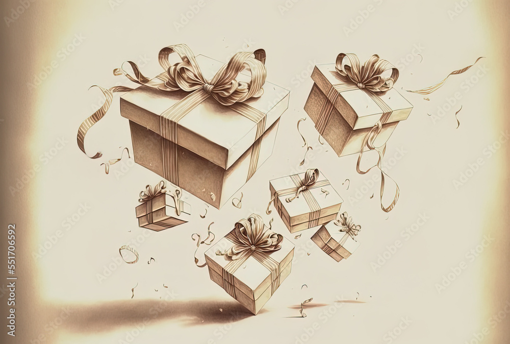 On a white backdrop, an illustration of dancing present boxes with ribbons. Generative AI