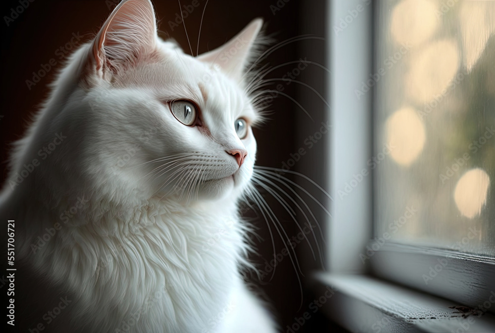 lovely white cat gazing out the window. Generative AI