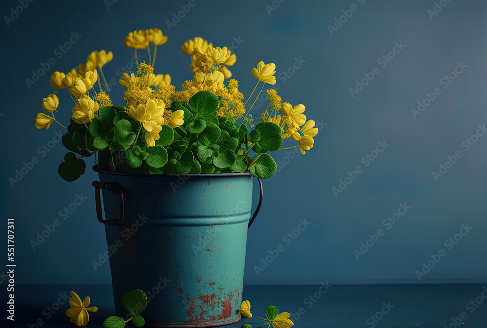 against a blue backdrop, a still life a close up of a bunch of clovers in a yellow bucket with copy 