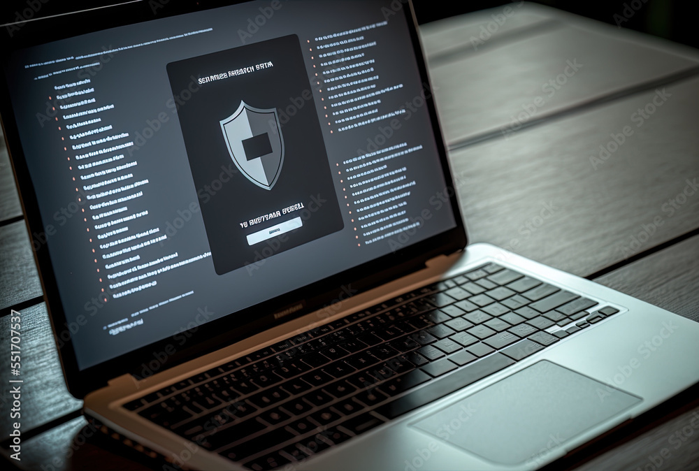A laptop computer with a data protection interface is on a table.. Generative AI