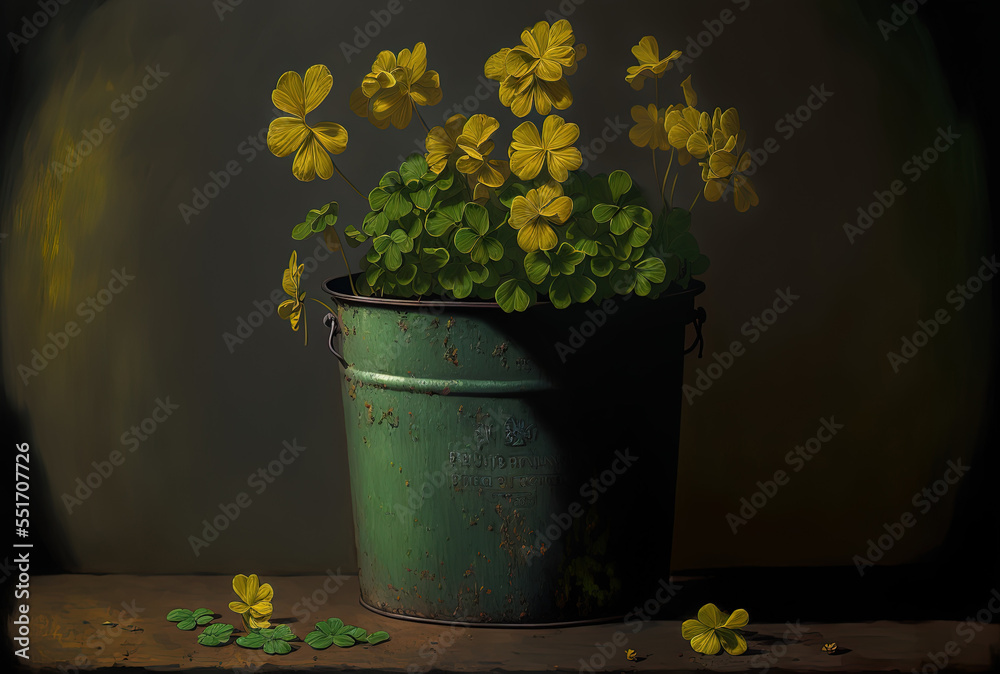 a cluster of clovers in a bucket of yellow paint, in a harsh shadow against a contrasting hue. a cop