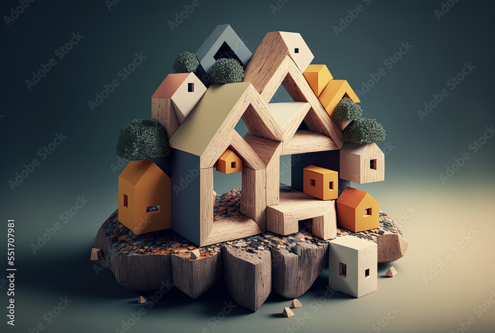 Shape of a home created with blocks and wooden pegs. Generative AI