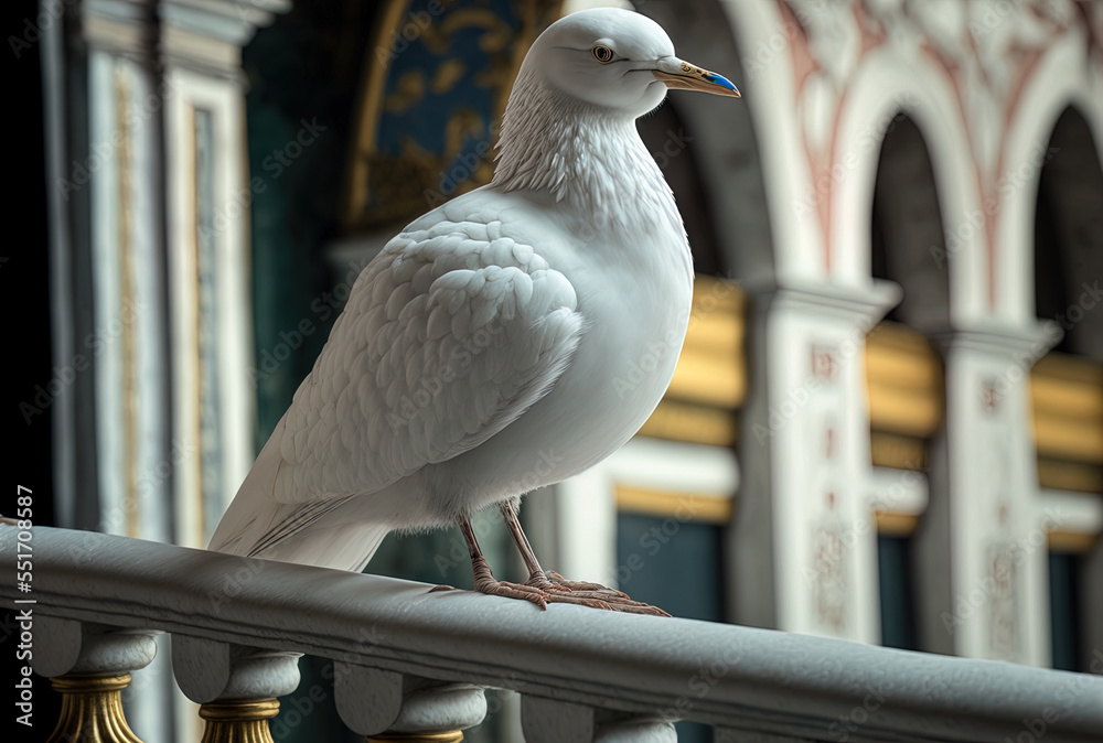 a white bird in close up perched on a marble railing in Venice, Italy. Generative AI