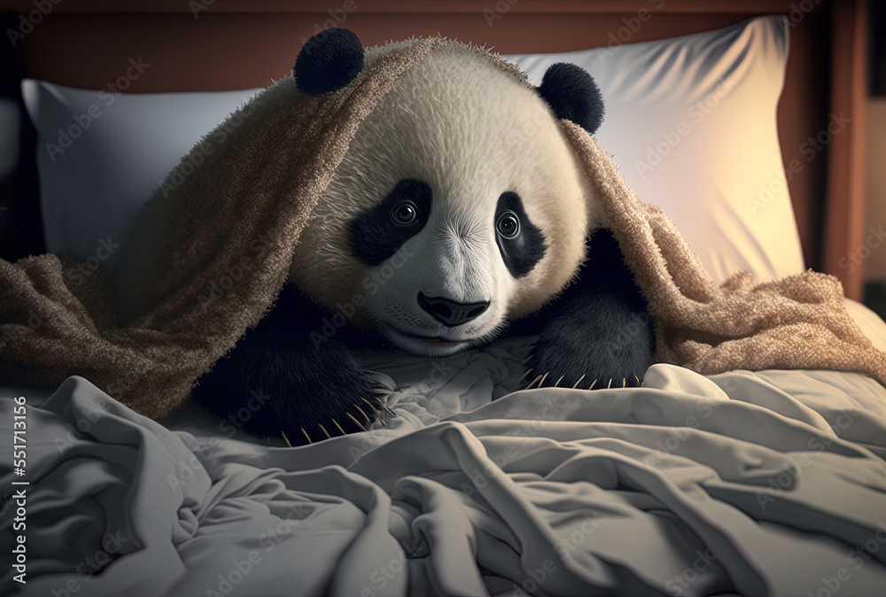 Teddy bear panda lying in bed beneath the covers and addressing the camera. Generative AI