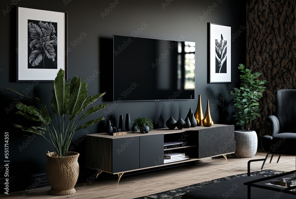 Wall mounted TV cabinet with decorations in a contemporary living room with a dark wall as a backdro