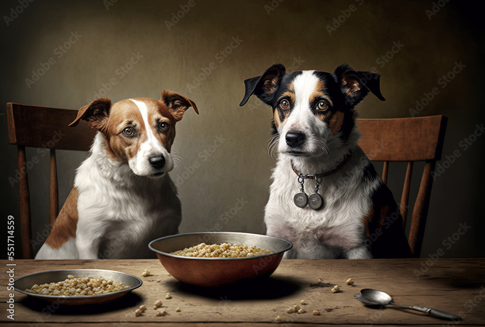 Two dogs are eating. two dogs, a jack russell and a sheepdog, seated by a bowl.. Generative AI