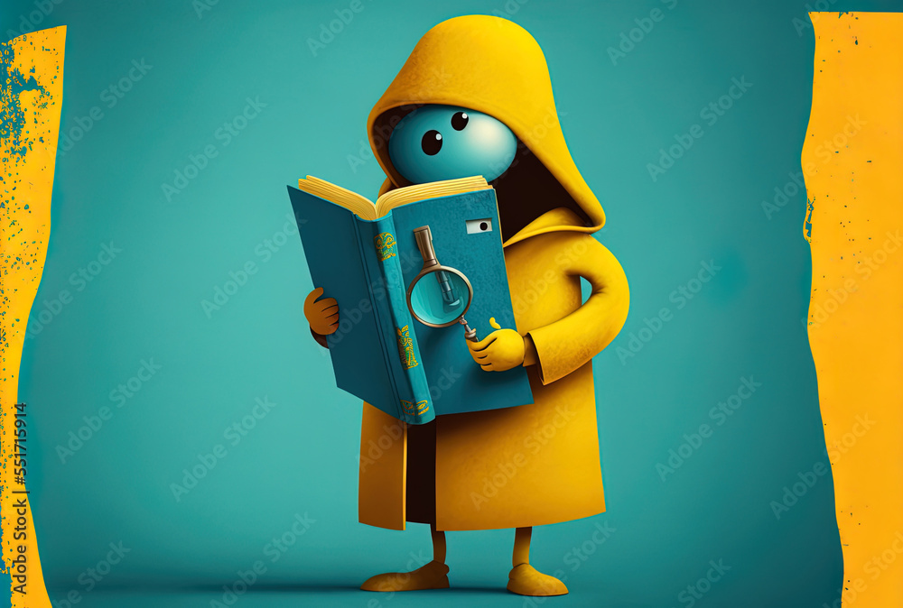 Yellow backdrop with a magnifying glass holding a blue book figure as its mascot.. Generative AI