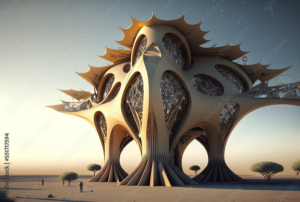 A futuristic structure with outside natural embellishments. Generative AI