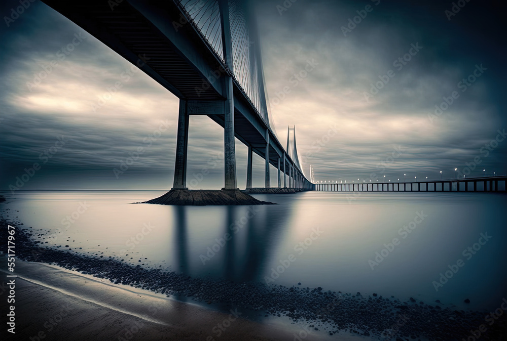 Under a foggy sky, the renowned Vasco da Gama Bridge is located in Sacavem, Portugal.. Generative AI