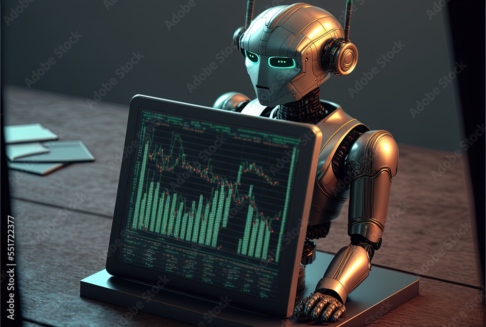 Trading robot using artificial intelligence that displays a candlestick graph on a tablet. Generativ