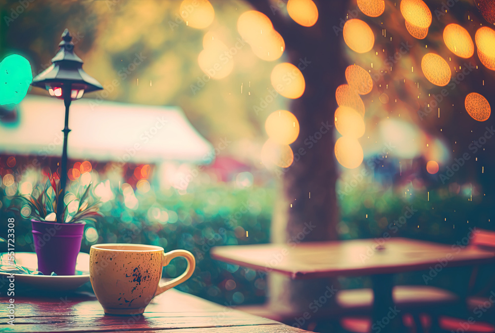 Background with bokeh and a blurry coffee shop in a garden. picture with a retro filter. Generative 