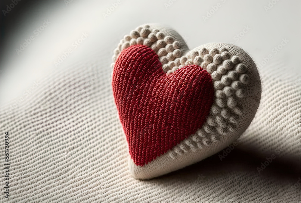 Valentines Day close up of a heart on a white backdrop with an isolated red item made of cloth or c