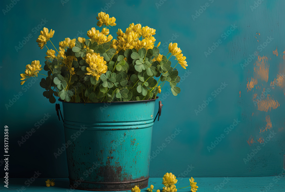 against a blue backdrop, a still life close up of a cluster of clovers in a yellow bucket, with copy