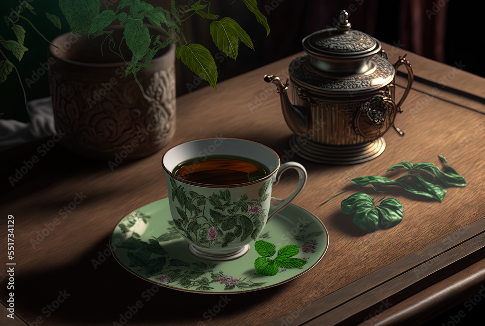 Table with cup of mint tea. Generative AI