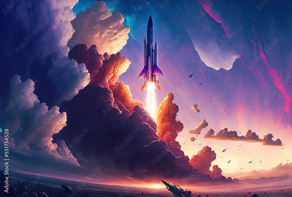 Beautiful blue, purple, and cloudy skies accompany the launch of the spaceship rocket, signaling the