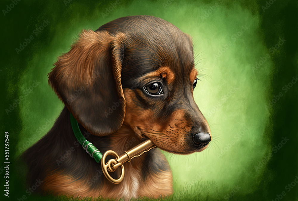 Dachshund puppy dog portrait, facing away, against a green Croma Key background.. Generative AI