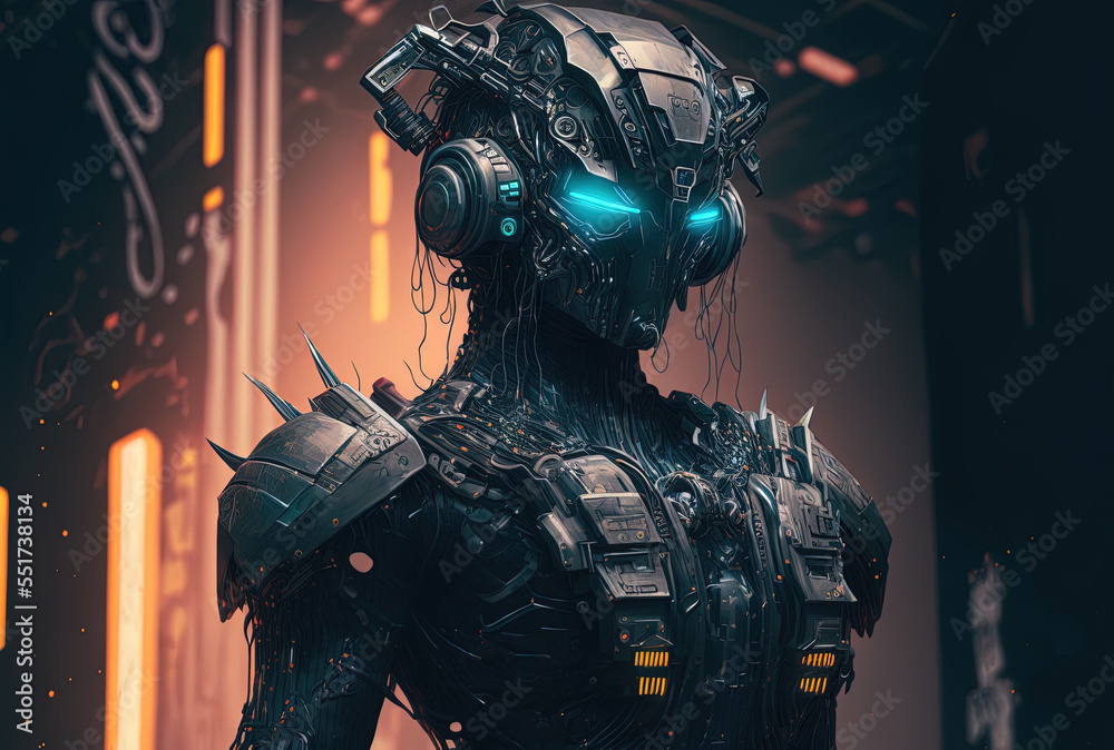 Cyberpunk style digital robot artwork in the metaverse virtual reality simulation. Generative AI