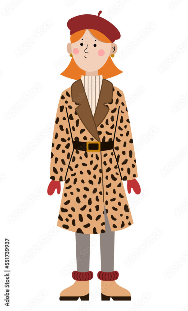 Woman in trendy winter clothes on white background