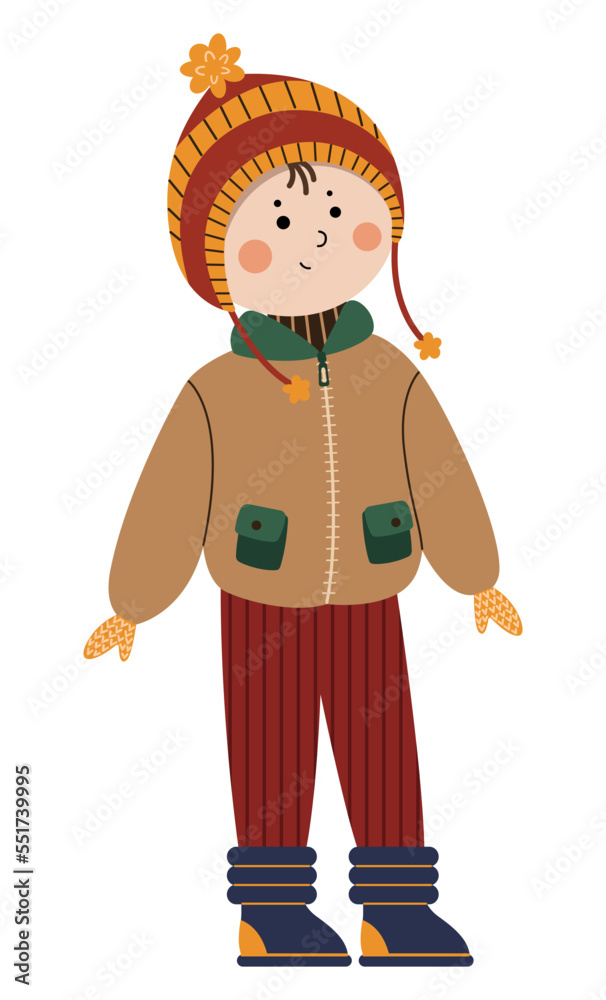 Little boy in stylish winter clothes on white background