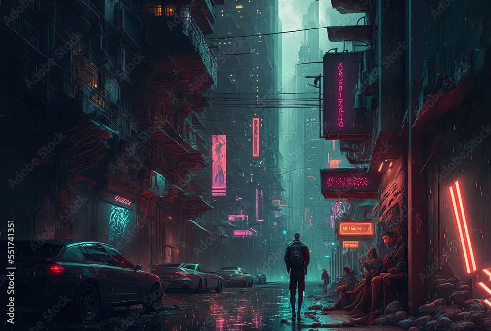 Street in a cyberpunk city. Generative AI