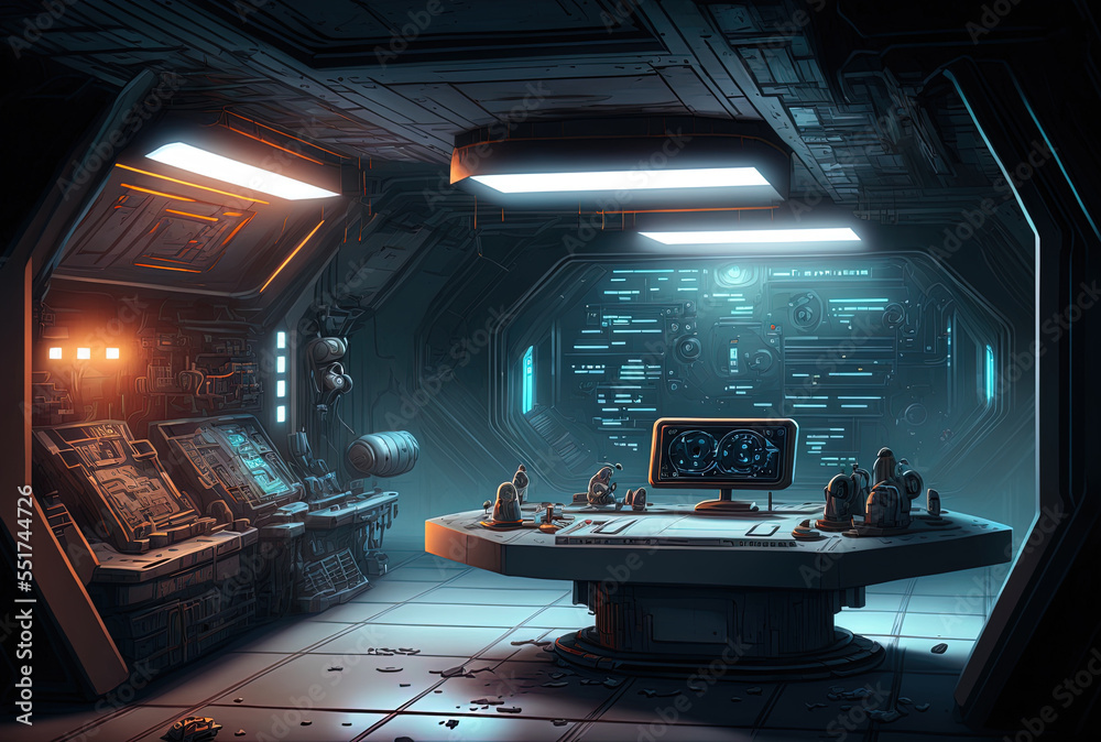 Illustration of a spaceship laboratorys interior architecture with an empty platform for a cyberpun