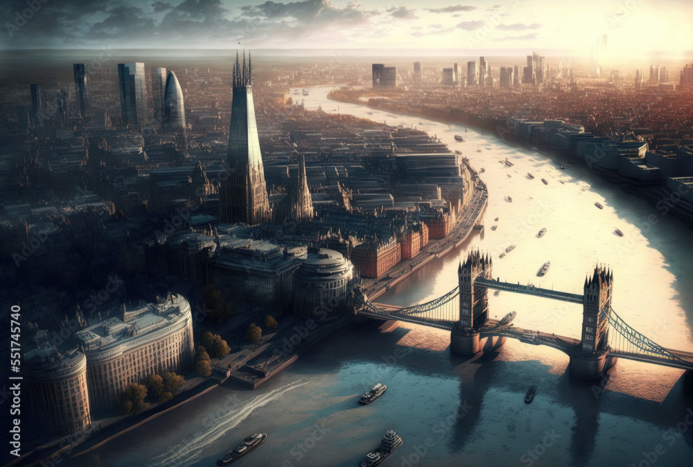 Beautiful perspective of Londons skyline, including the Thames River. Generative AI