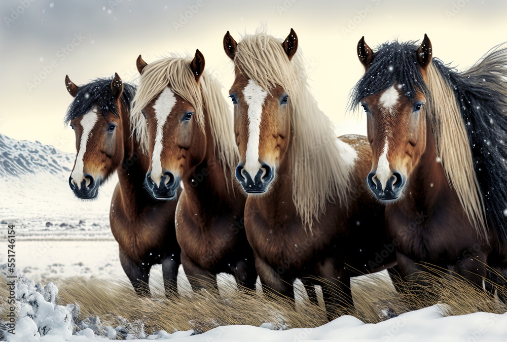 Picture of a group of icelandic horses on an icy field through the grass and snow. Generative AI