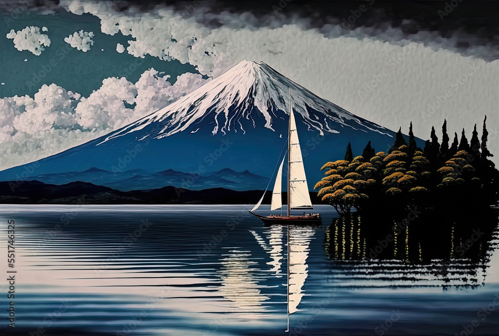 Sailboat at Japans Kawaguchiko Lake. Generative AI