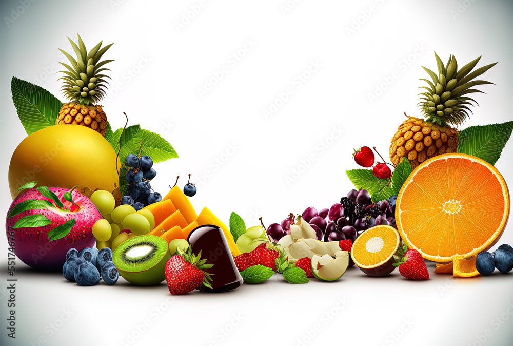 Various fruits are shown on an isolated white backdrop with copy space.. Generative AI