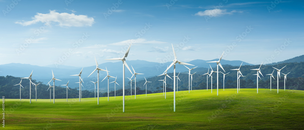 Wind turbines in a field with beautiful landscape