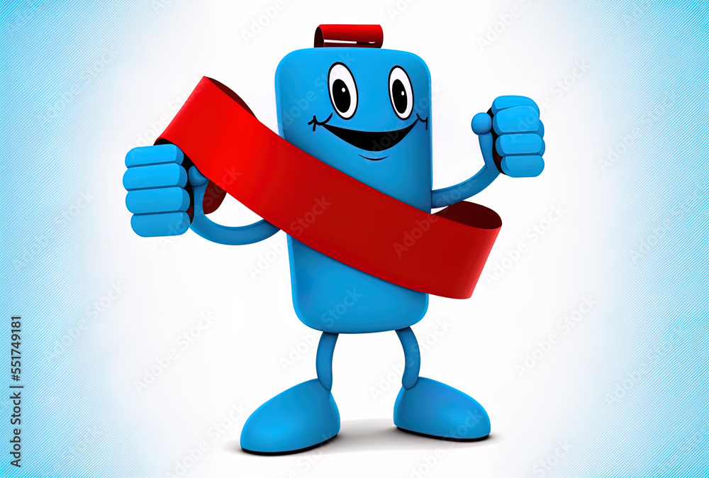 On a white background, a red ribbon figure mascot holds a blue fitness tracker.. Generative AI