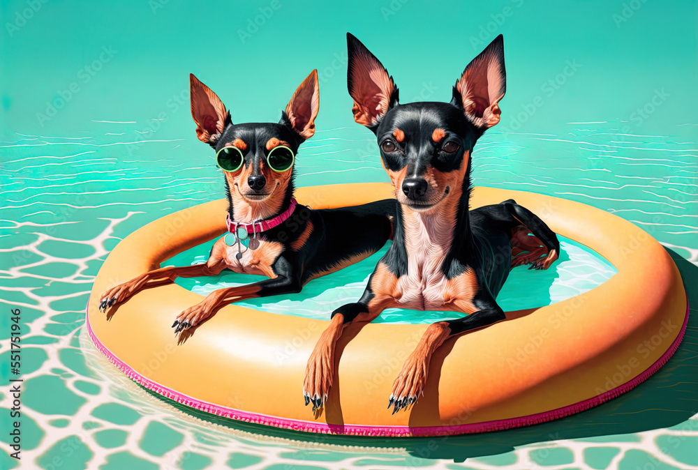 Summer getaways for dogs. On vacation, two pinschers are seen sunning beside a vibrant air pool. iso