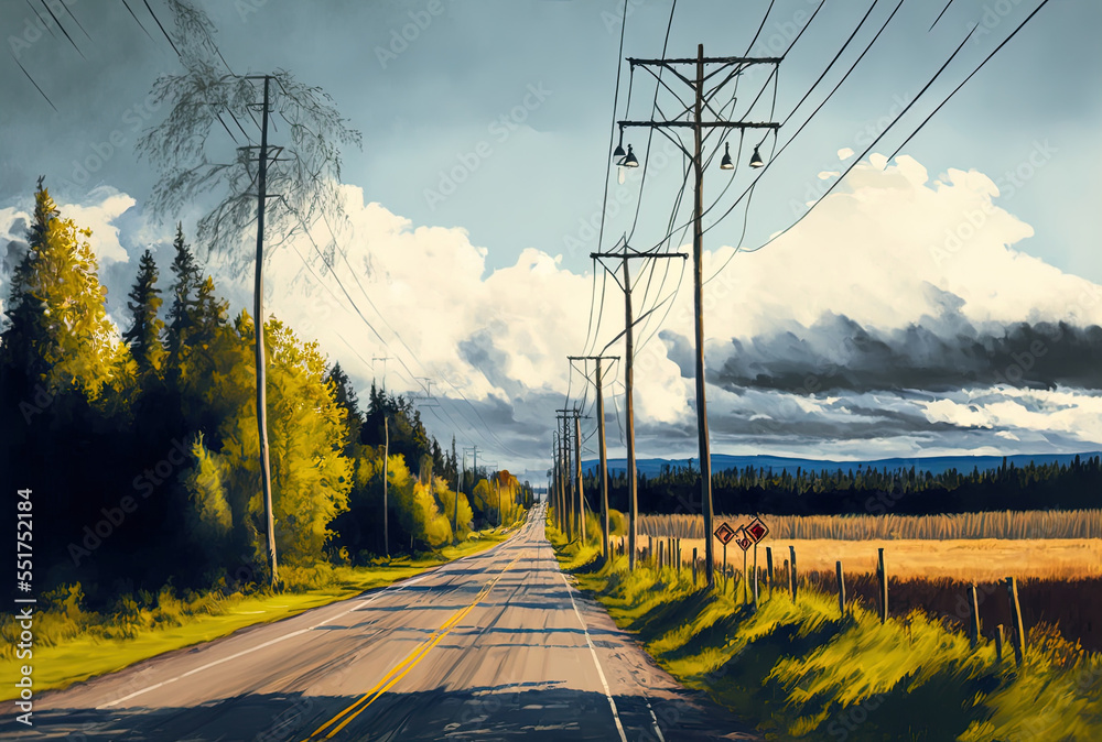 Electric poles and a lovely sight may be seen in a typical country highway scene.. Generative AI