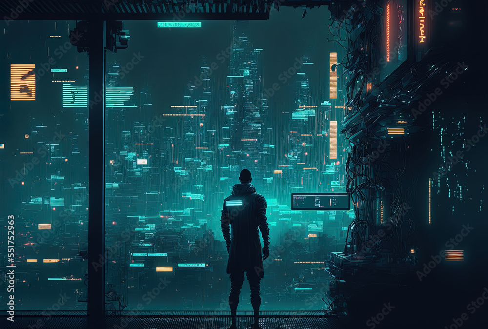 flat and depressing high tech cyberpunk mockup backdrop created using neural networks. Generative AI