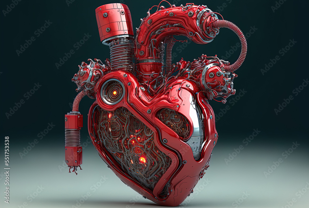 Robotic heart in red. Generative AI