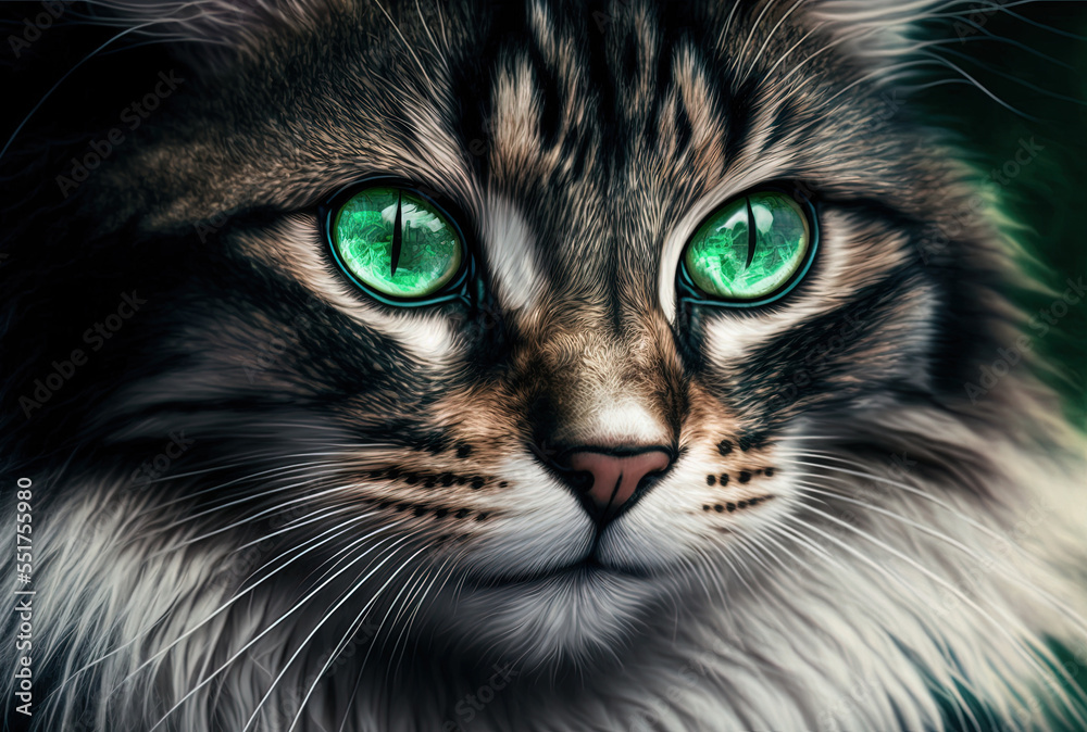 close up of a lovely fluffy striped cat with emerald eyes. Generative AI