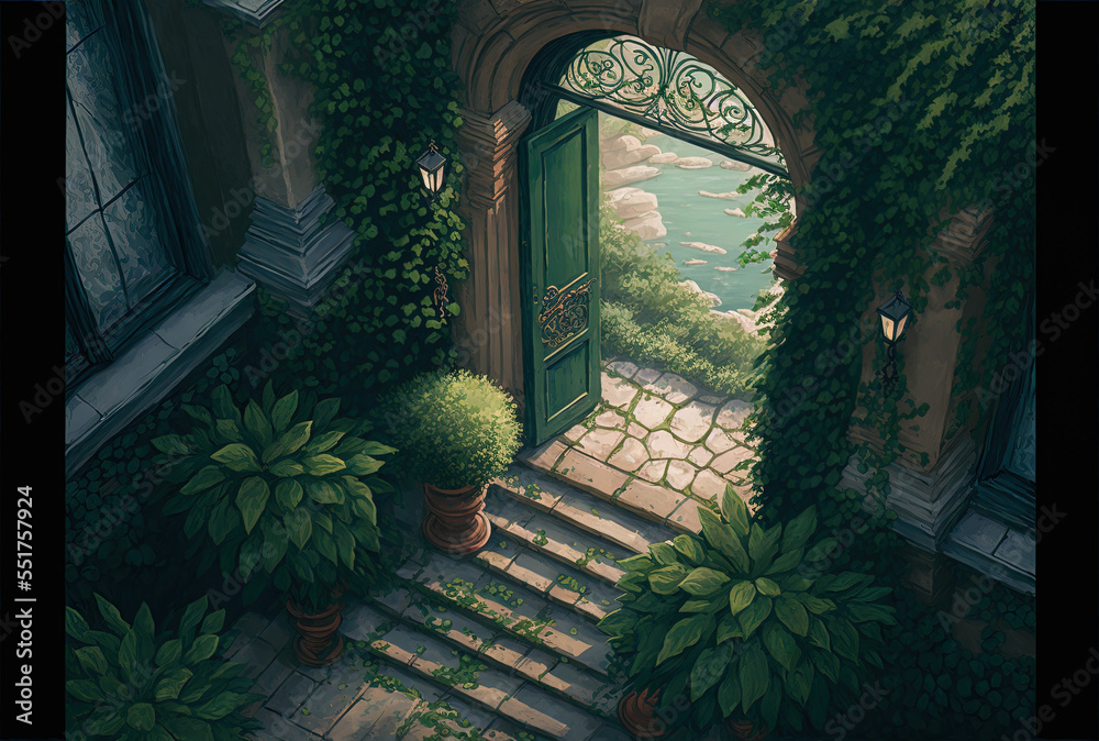 view from a high angle of a doorway with greenery and bushes. Generative AI