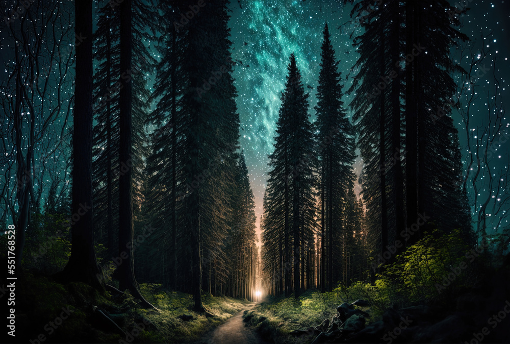 a path through a forest of evergreen trees and a starry sky. Generative AI