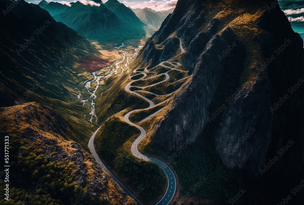 Aerial image of the road in a valley in the mountains. Generative AI