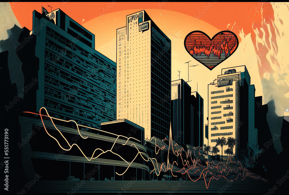 Background medical and healthcar abstract virtual heart rate doodle on Los Angeles office buildings.