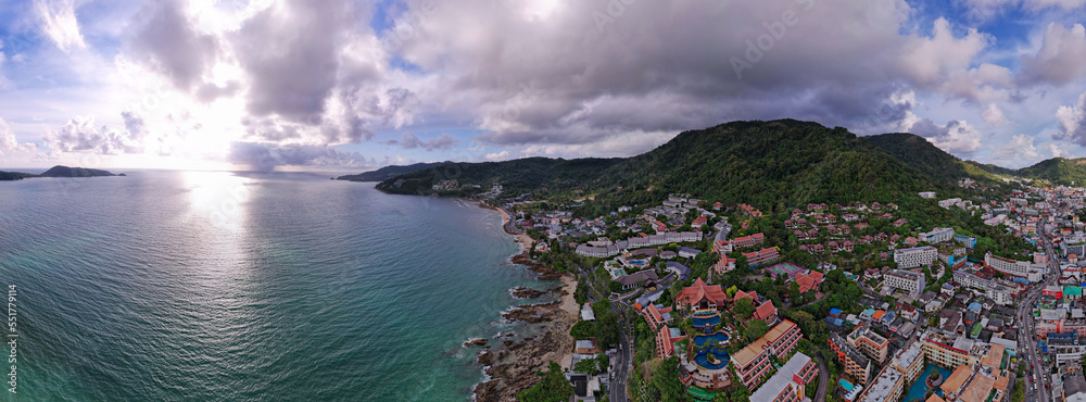 Panorama view Aerial view of Phuket island Thailand from Drone camera High angle view