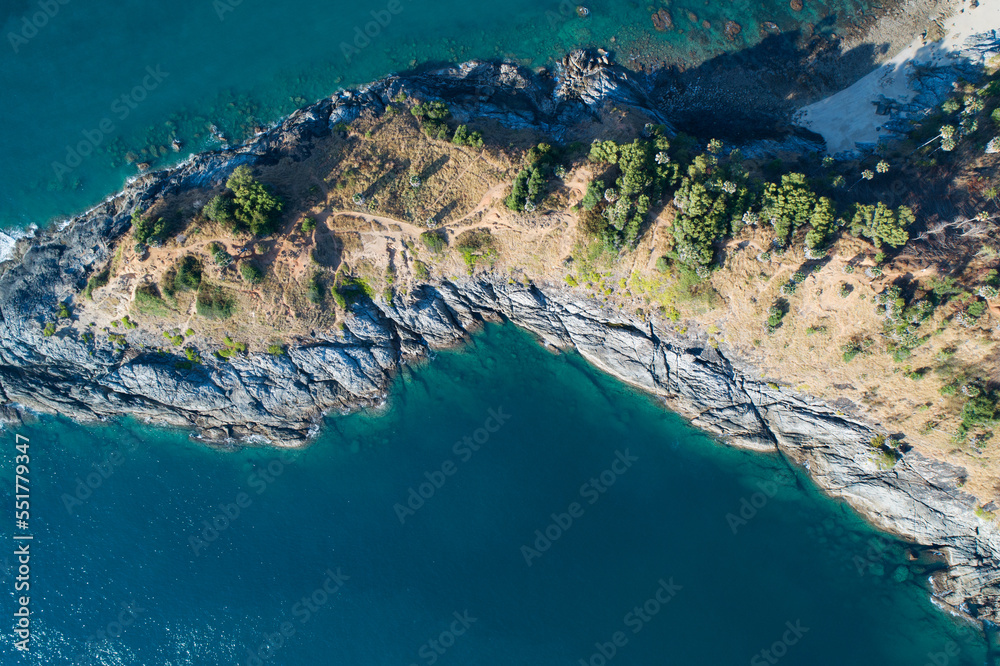 Aerial view of Amazing seashore at Phuket Thailand beautiful wave crashing on seacoast, Top view sea