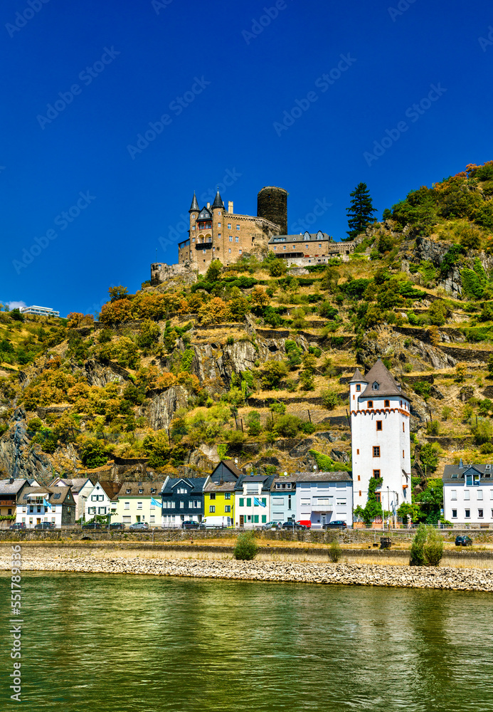 Katz Castle above Sankt Goarshausen town in the Upper Middle Rhine Valley. UNESCO world heritage in 