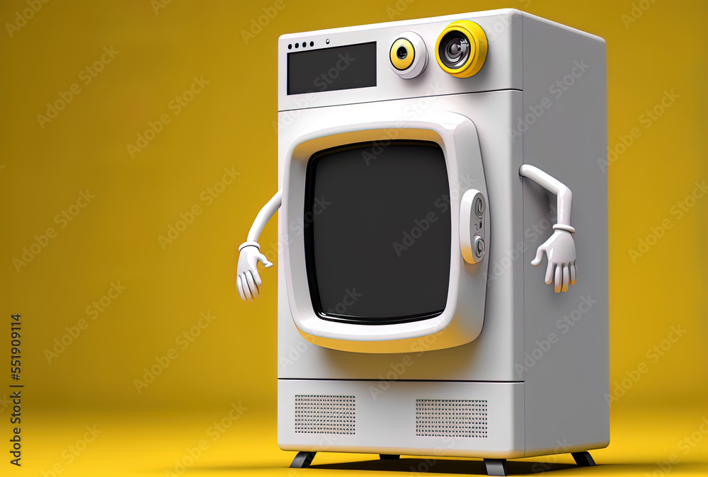 Modern white washing machine figure mascot on a yellow backdrop, with a blank trade show lcd screen 