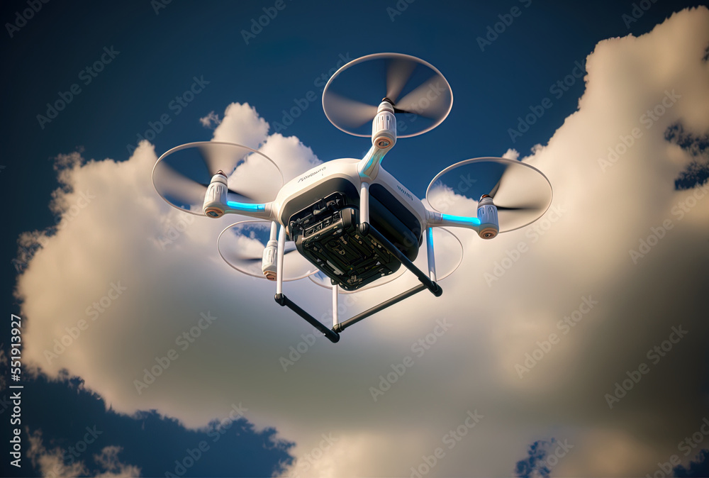 Photo of a minidrone in flight as it soars in the sky. Generative AI