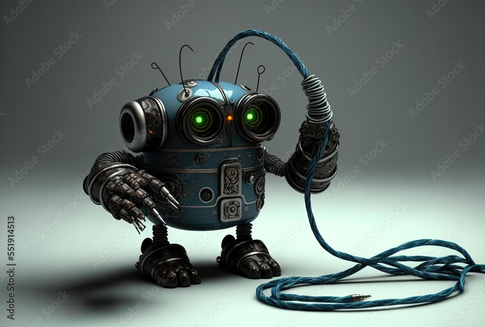 Robot with cables and a goggle that is adorable or artificially intelligent. Generative AI