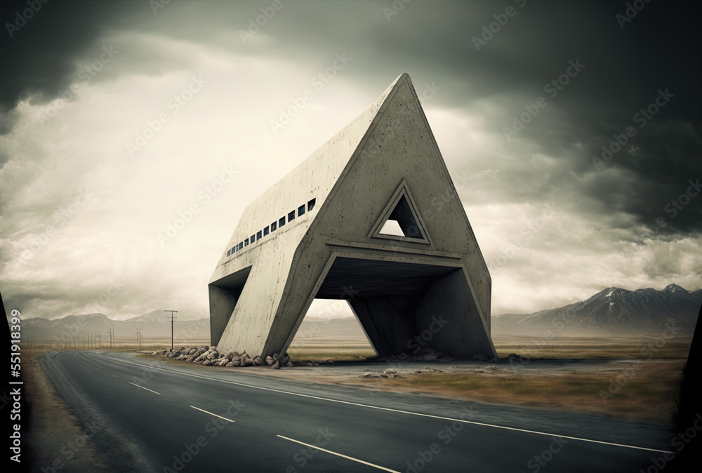 structure in the backdrop and a roadside. Generative AI