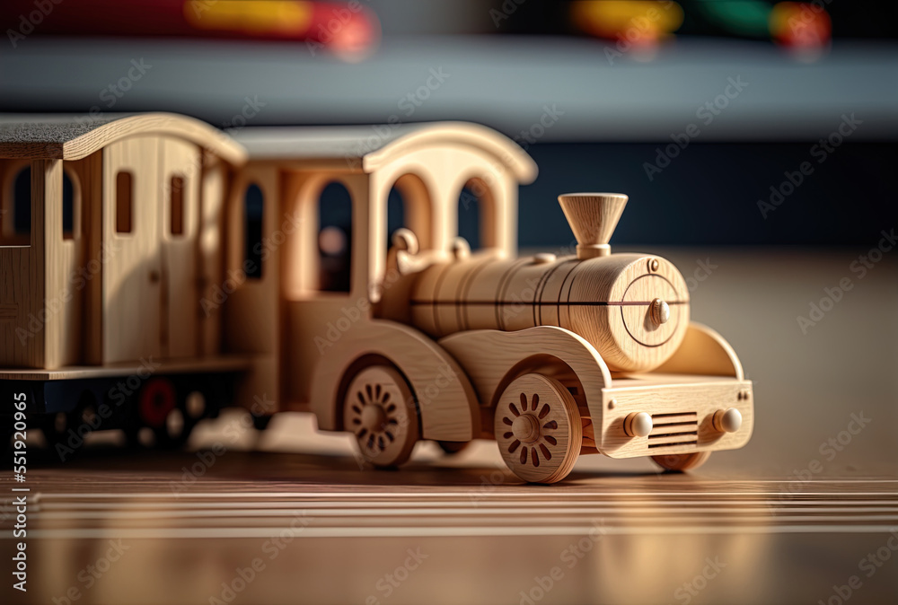 a close up of a wooden toy vehicle next to a wooden track. Generative AI