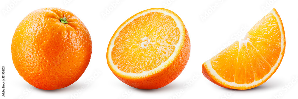 Orange isolated. Orange fruit set: whole, half and slice on white background. Orang collection. Full