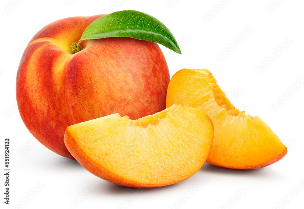 Peach isolated. Whole peach with a slice on white background. Peach fruit with leaf and cut pieces. 